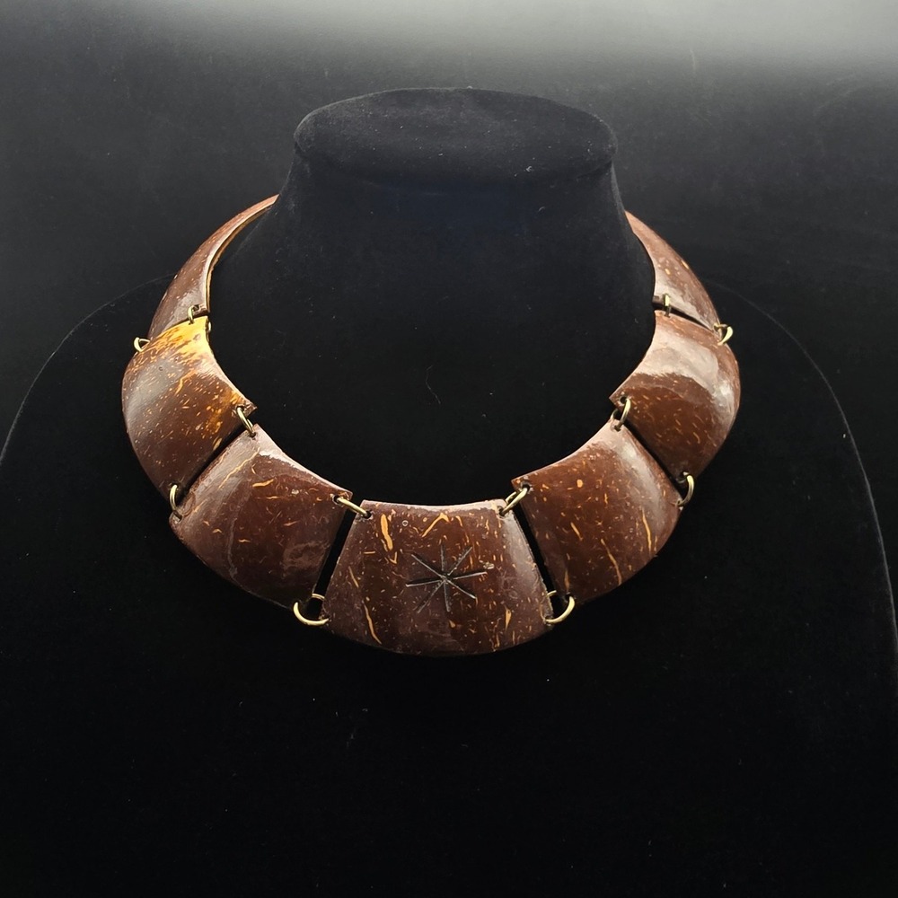 Vintage Coconut Shell Collar Necklace Brown Beachy